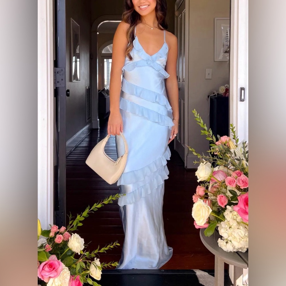 NWOT Beginning Boutique Inara Blue Ruffle Maxi Dress